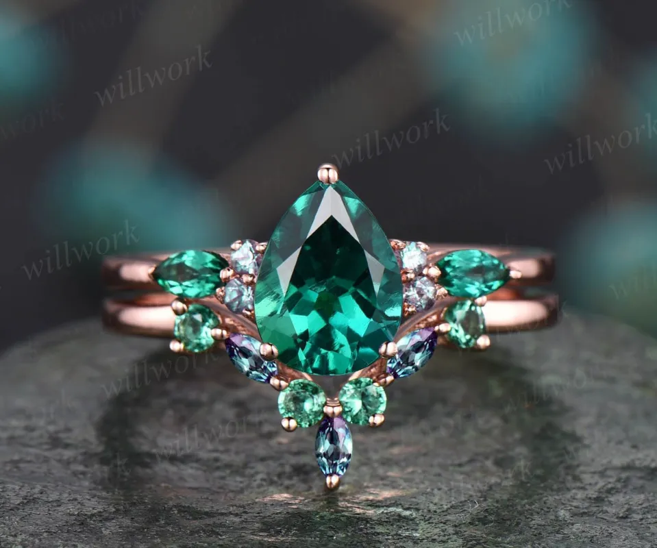 Vintage pear shaped emerald engagement ring rose gold marquise alexandrite ring green gemstone ring art deco unique wedding ring set women sold by Willwork Jewelry