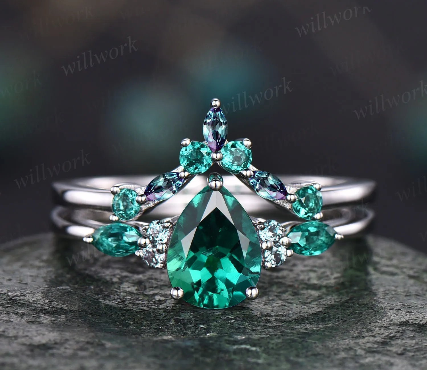 Vintage pear shaped emerald engagement ring rose gold marquise alexandrite ring green gemstone ring art deco unique wedding ring set women sold by Willwork Jewelry product image thumbnail 5