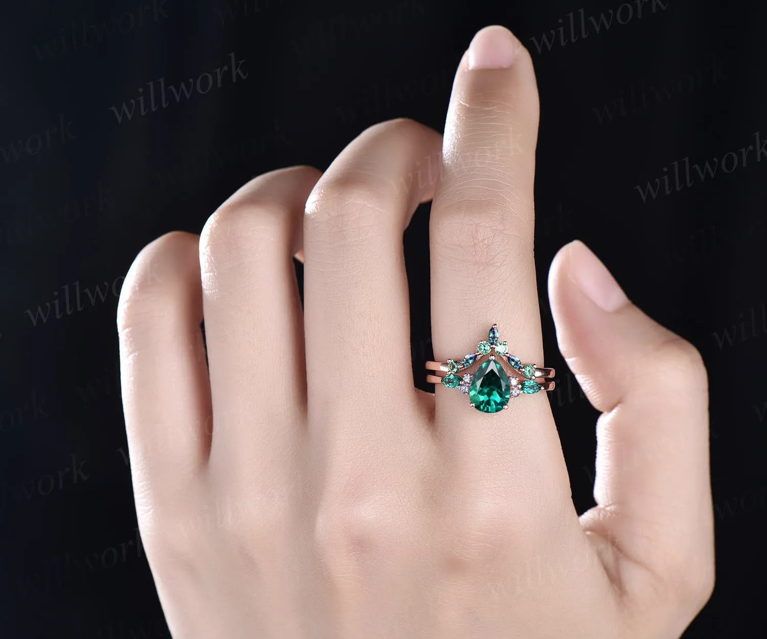 Vintage pear shaped emerald engagement ring rose gold marquise alexandrite ring green gemstone ring art deco unique wedding ring set women sold by Willwork Jewelry product image thumbnail 2