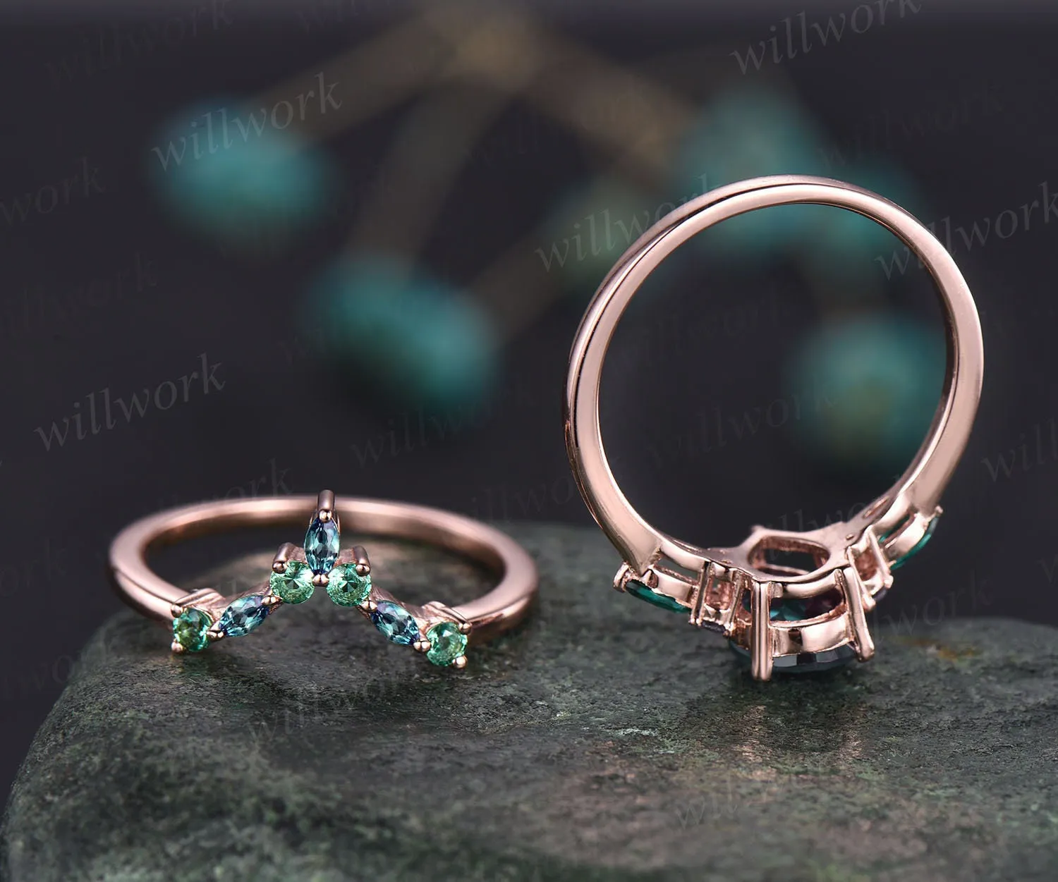 Vintage pear moss agate engagement ring 14k rose gold marquise alexandrite ring green gemstone ring art deco unique wedding ring set women sold by Willwork Jewelry product image thumbnail 4