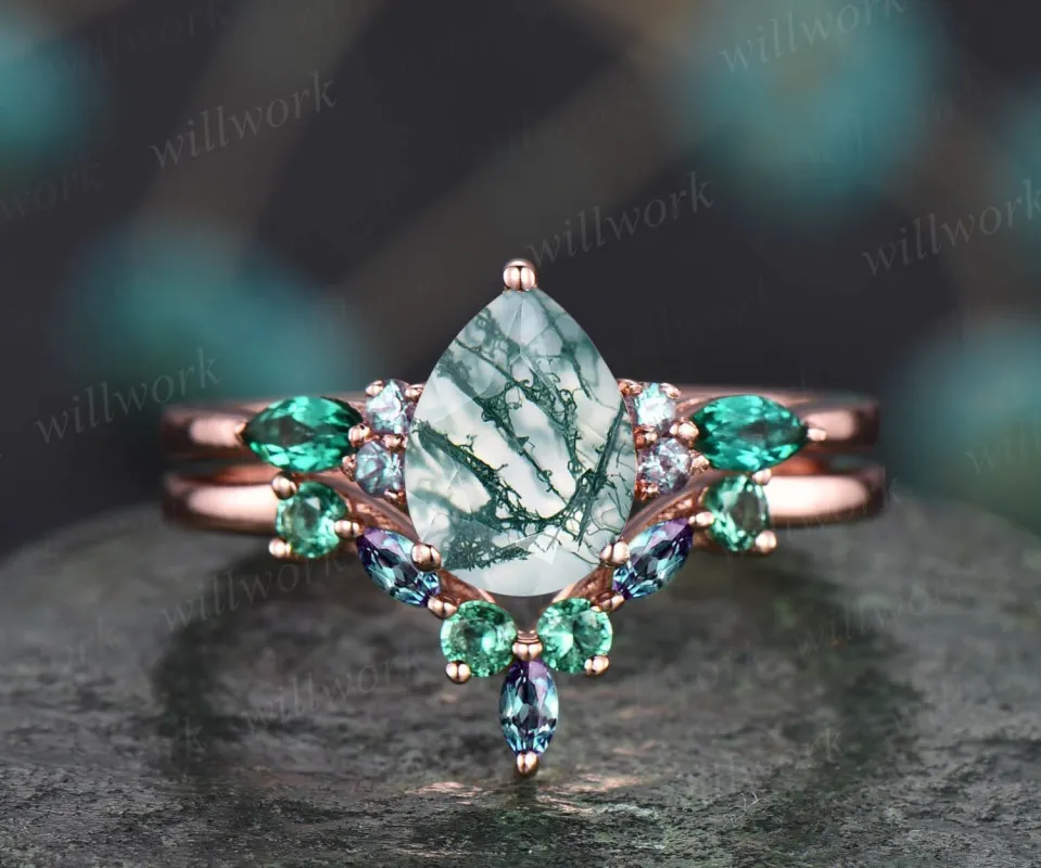 Vintage pear moss agate engagement ring 14k rose gold marquise alexandrite ring green gemstone ring art deco unique wedding ring set women sold by Willwork Jewelry