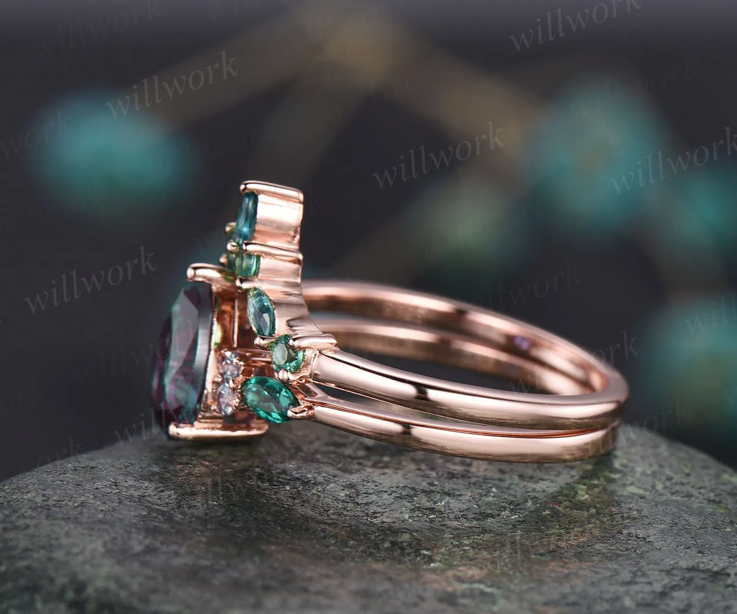Vintage pear moss agate engagement ring 14k rose gold marquise alexandrite ring green gemstone ring art deco unique wedding ring set women sold by Willwork Jewelry product image thumbnail 5