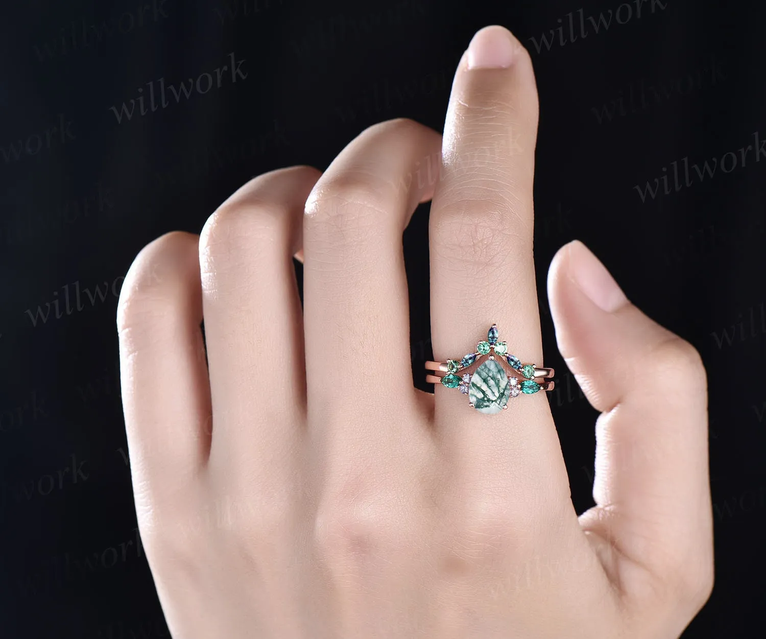 Vintage pear moss agate engagement ring 14k rose gold marquise alexandrite ring green gemstone ring art deco unique wedding ring set women sold by Willwork Jewelry product image thumbnail 2