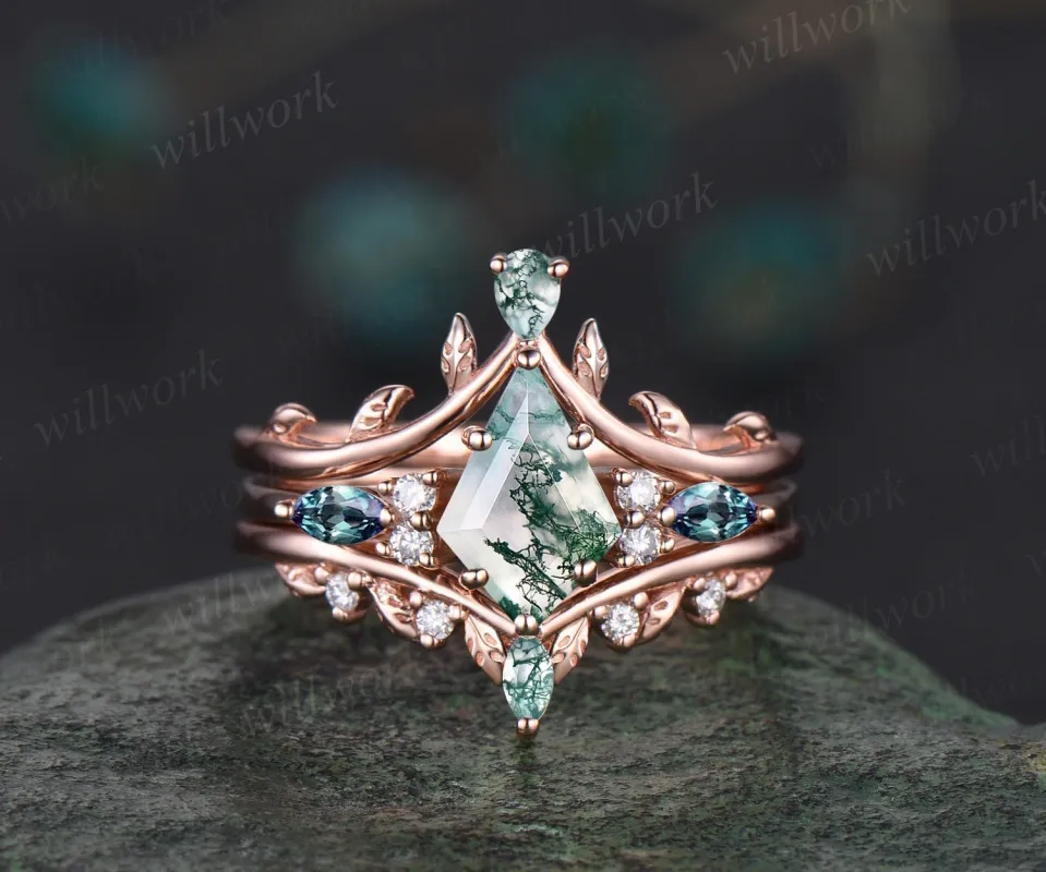 Vintage kite natural moss agate engagement ring art deco alexandrite ring rose gold leaf nature inspired moissanite wedding ring band women sold by Willwork Jewelry