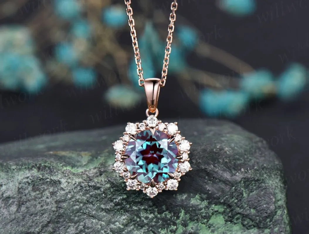 Round 2ct alexandrite necklace solid 14k 18k rose gold vintage unique halo snowdrift diamond pendant women gemstone anniversary bridal gift sold by Willwork Jewelry
