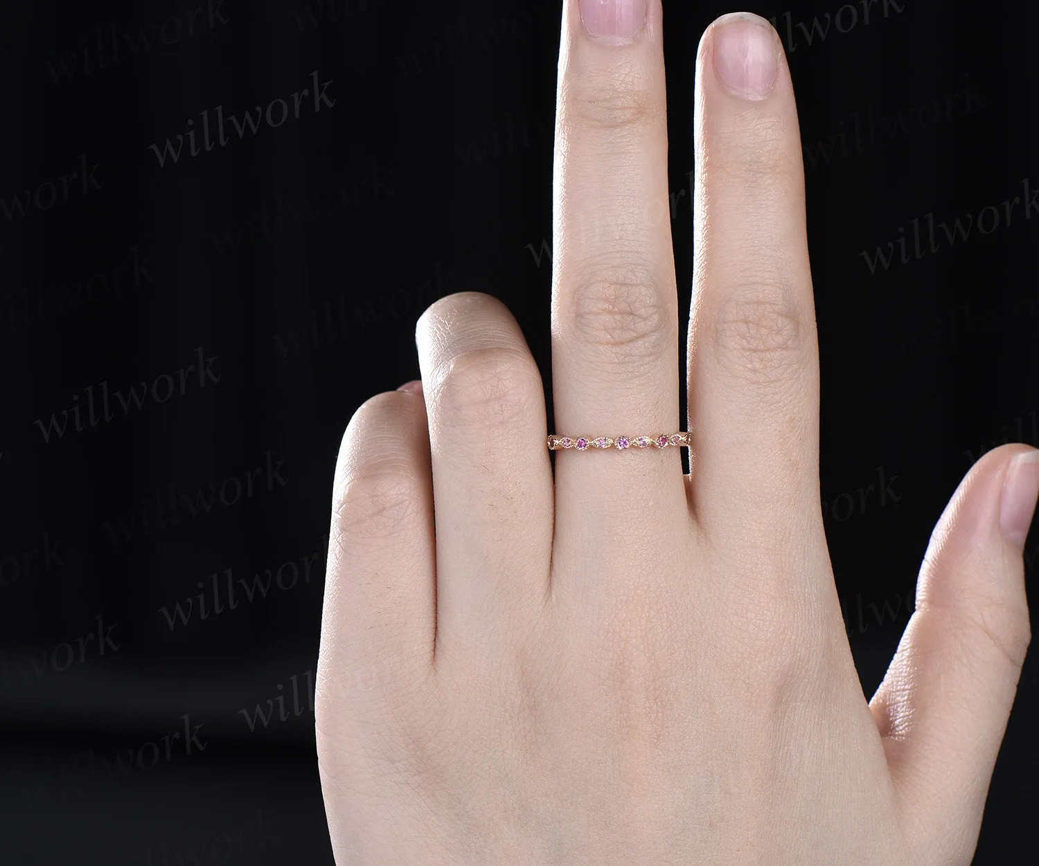 Milgrain bezel natural pink sapphire wedding band solid 14k yellow gold vintage art deco half eternity dainty wedding ring band women gift sold by Willwork Jewelry product image thumbnail 2