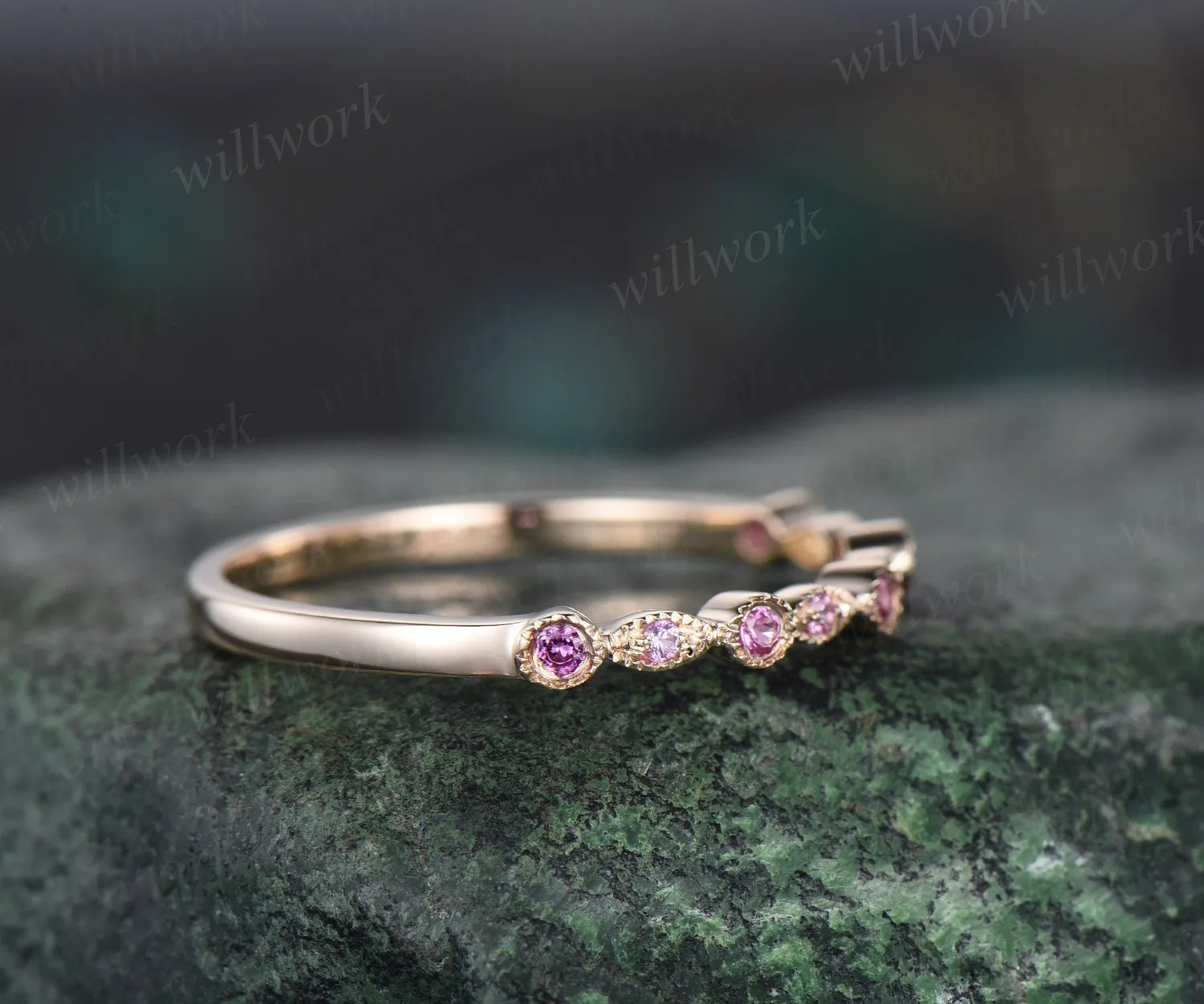 Milgrain bezel natural pink sapphire wedding band solid 14k yellow gold vintage art deco half eternity dainty wedding ring band women gift sold by Willwork Jewelry product image thumbnail 4