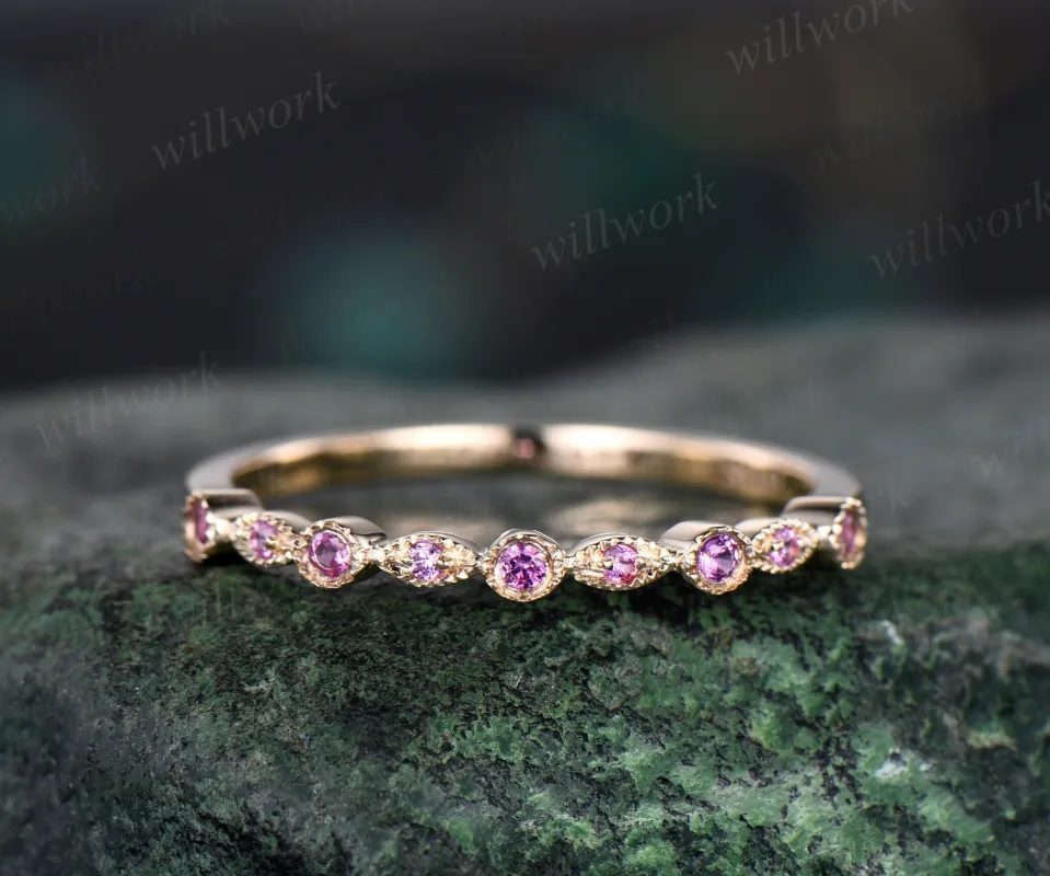 Milgrain bezel natural pink sapphire wedding band solid 14k yellow gold vintage art deco half eternity dainty wedding ring band women gift sold by Willwork Jewelry