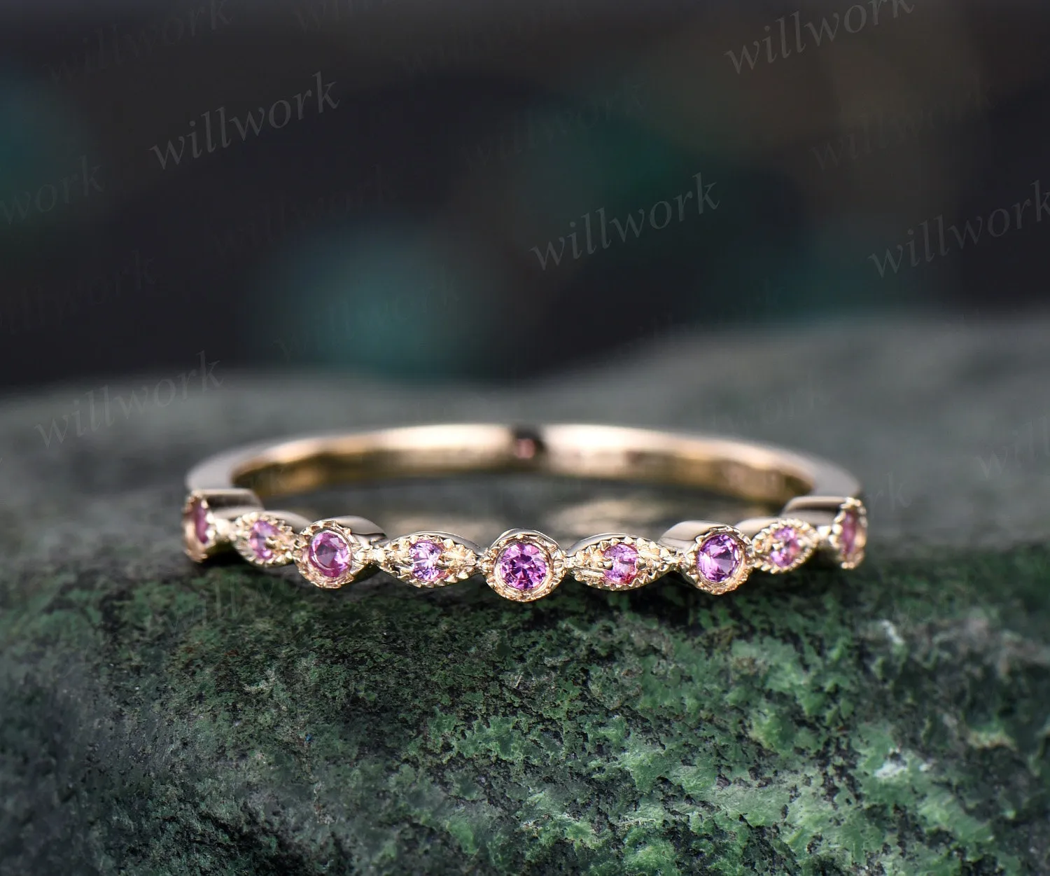 Milgrain bezel natural pink sapphire wedding band solid 14k yellow gold vintage art deco half eternity dainty wedding ring band women gift sold by Willwork Jewelry