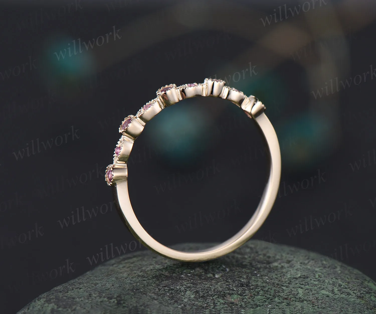 Milgrain bezel natural pink sapphire wedding band solid 14k yellow gold vintage art deco half eternity dainty wedding ring band women gift sold by Willwork Jewelry product image thumbnail 5