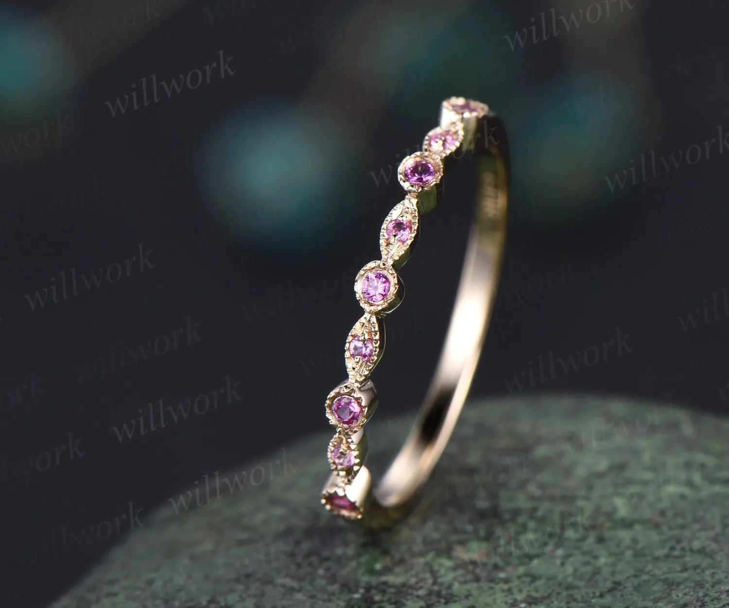 Milgrain bezel natural pink sapphire wedding band solid 14k yellow gold vintage art deco half eternity dainty wedding ring band women gift sold by Willwork Jewelry product image thumbnail 3
