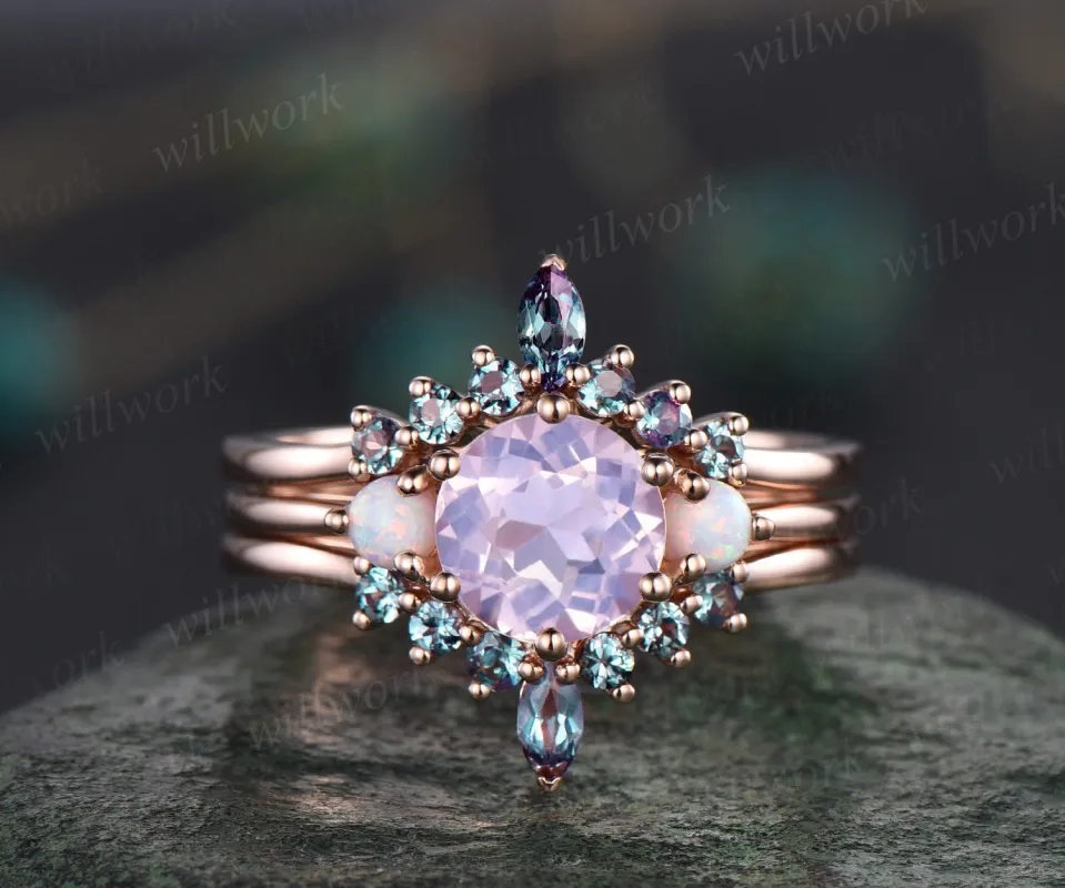 Vintage round Lavender Amethyst engagement ring set rose gold three stone opal ring women alexandrite wedding ring set gemstone crystal ring sold by Willwork Jewelry