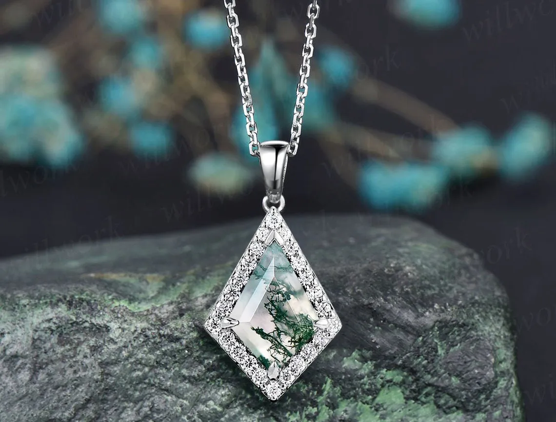 Vintage kite natural moss agate necklace solid 14k 18k rose gold halo diamond pendant women dainty unique anniversary gift mother jewelry sold by Willwork Jewelry product image thumbnail 3
