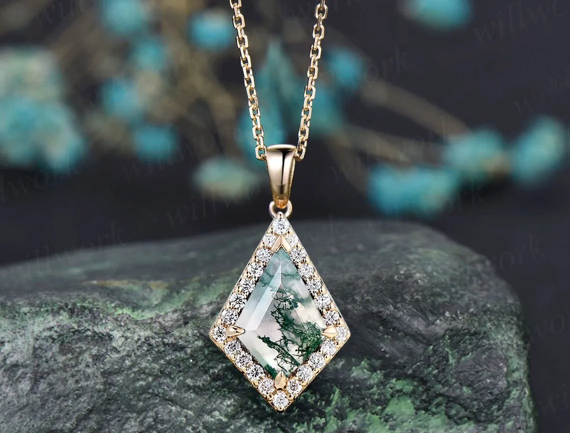 Vintage kite natural moss agate necklace solid 14k 18k rose gold halo diamond pendant women dainty unique anniversary gift mother jewelry sold by Willwork Jewelry product image thumbnail 4
