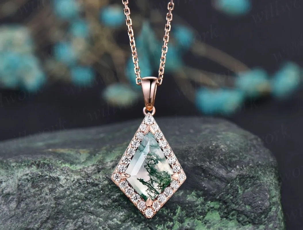 Vintage kite natural moss agate necklace solid 14k 18k rose gold halo diamond pendant women dainty unique anniversary gift mother jewelry sold by Willwork Jewelry