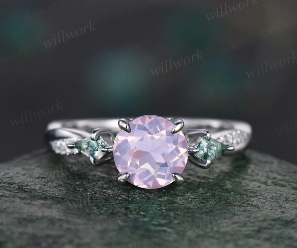 Vintage round Lavender Amethyst engagement ring twisted diamond ring solid 14k white gold antique eternity unique bridal wedding ring women sold by Willwork Jewelry