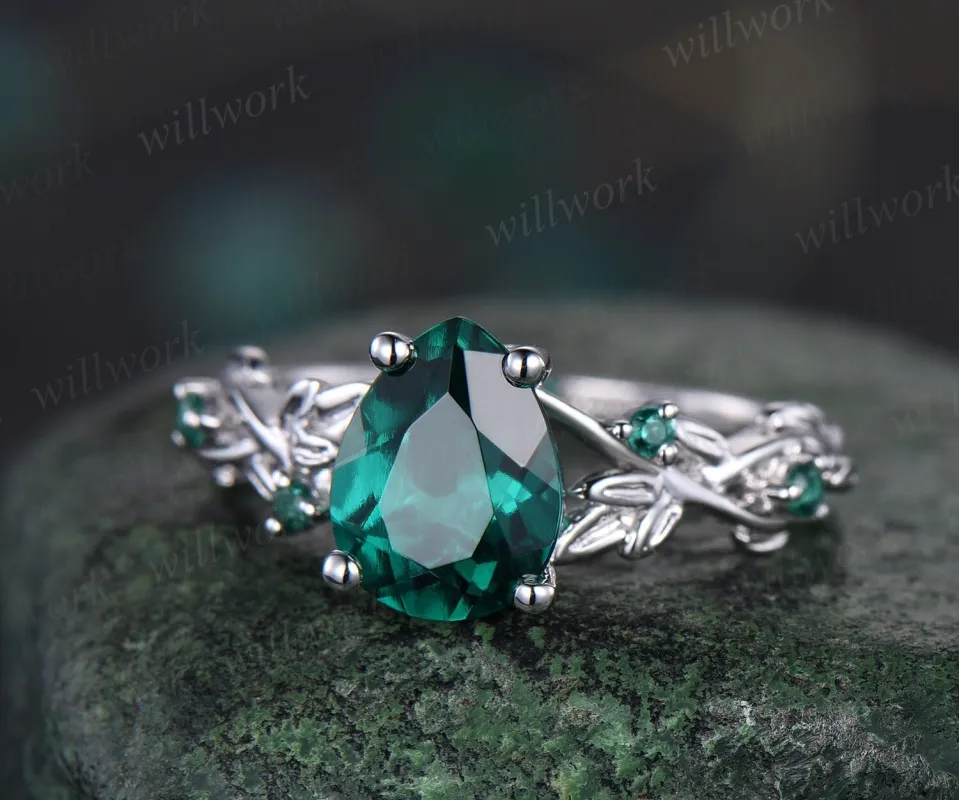 Vintage pear shaped green emerald engagement ring women art deco leaf nature inspired five stone emerald ring white gold anniversary ring sold by Willwork Jewelry
