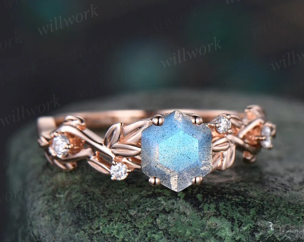 Hexagon cut blue labradorite engagement ring twig leaf moissanite ring solid 14k rose gold anniversary ring jewelry gifts sold by Willwork Jewelry