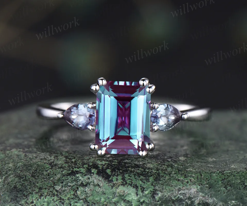 Vintage emerald alexandrite engagement ring unique double prong 3 stones ring deco pear alexandrite June birthstone promise ring anniversary gifts sold by Willwork Jewelry
