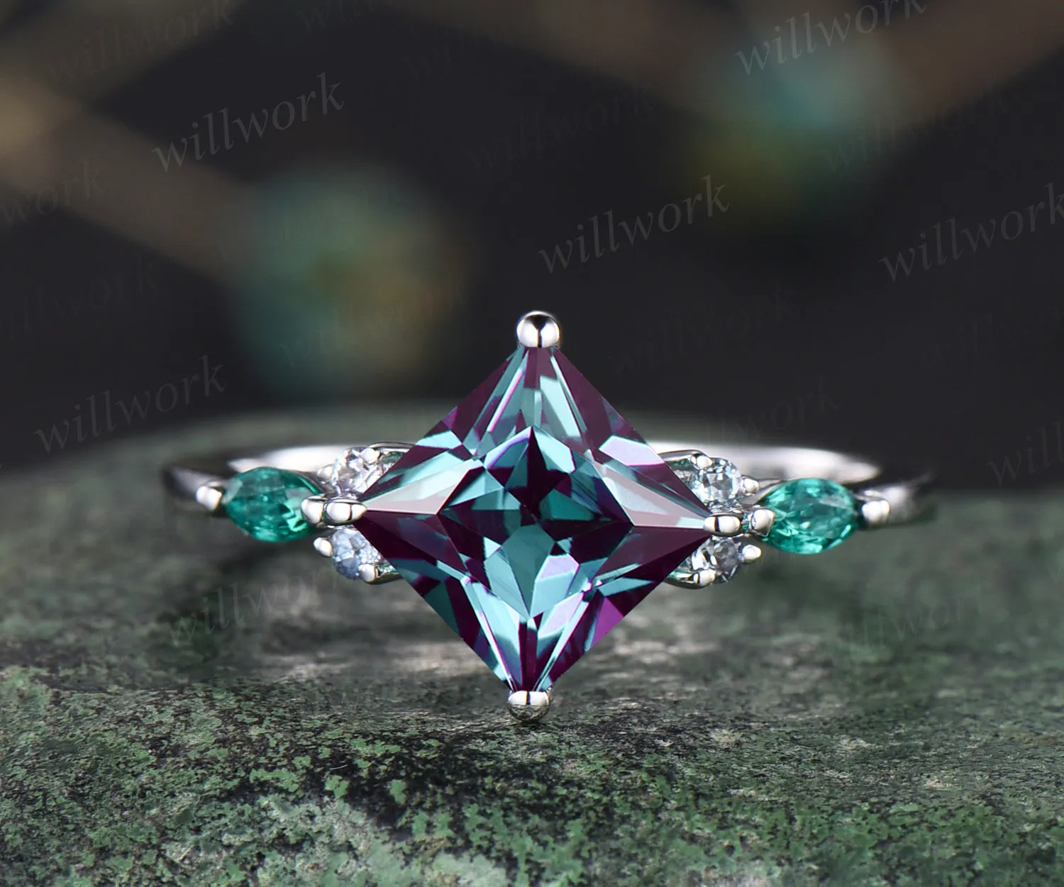 Princess cut Alexandrite engagement ring set vintage marquise emerald ring set unique art deco emerald wedding band June birthstone promise ring for women jewelry gifts sold by Willwork Jewelry product image thumbnail 5