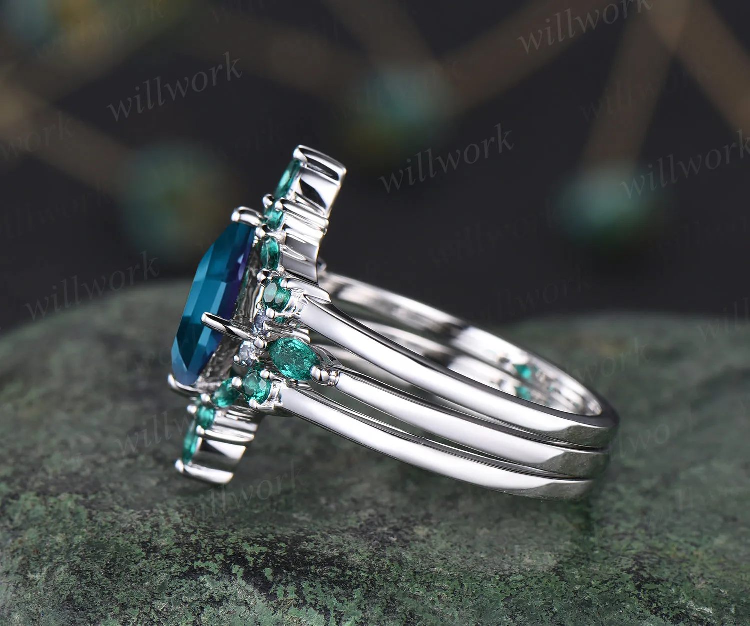 Princess cut Alexandrite engagement ring set vintage marquise emerald ring set unique art deco emerald wedding band June birthstone promise ring for women jewelry gifts sold by Willwork Jewelry product image thumbnail 4