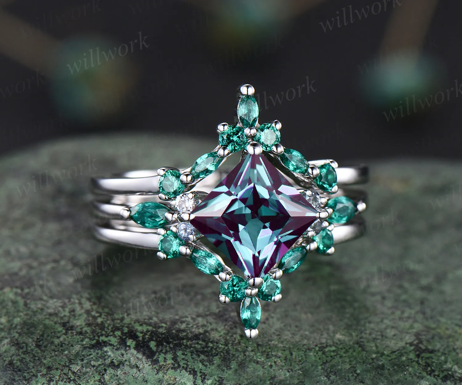 Princess cut Alexandrite engagement ring set vintage marquise emerald ring set unique art deco emerald wedding band June birthstone promise ring for women jewelry gifts sold by Willwork Jewelry product image thumbnail 3