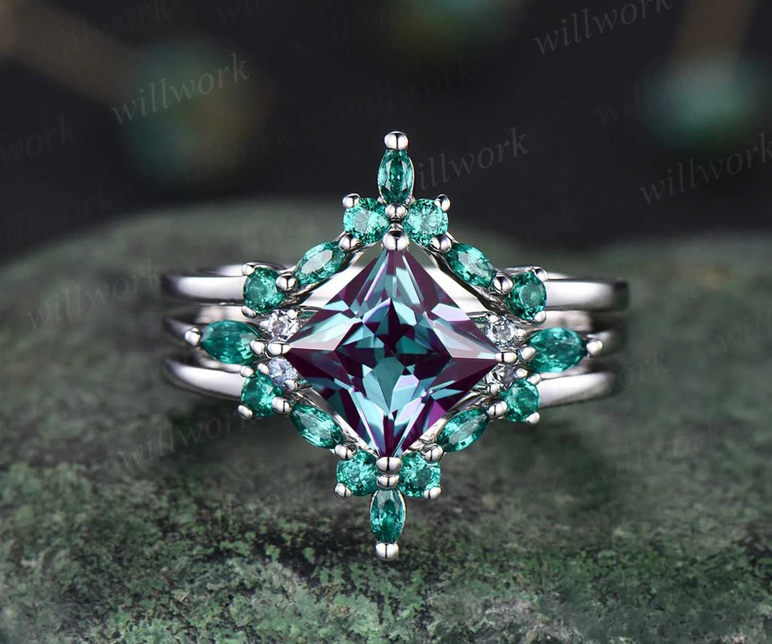 Princess cut Alexandrite engagement ring set vintage marquise emerald ring set unique art deco emerald wedding band June birthstone promise ring for women jewelry gifts sold by Willwork Jewelry