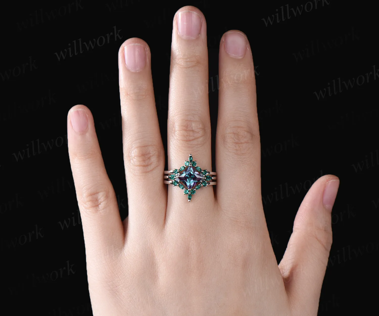 Princess cut Alexandrite engagement ring set vintage marquise emerald ring set unique art deco emerald wedding band June birthstone promise ring for women jewelry gifts sold by Willwork Jewelry product image thumbnail 2