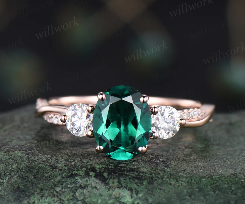 Unique oval emerald engagement ring 14k rose gold twisted moissanites ring flower May birthstone promise wedding ring for women sold by Willwork Jewelry
