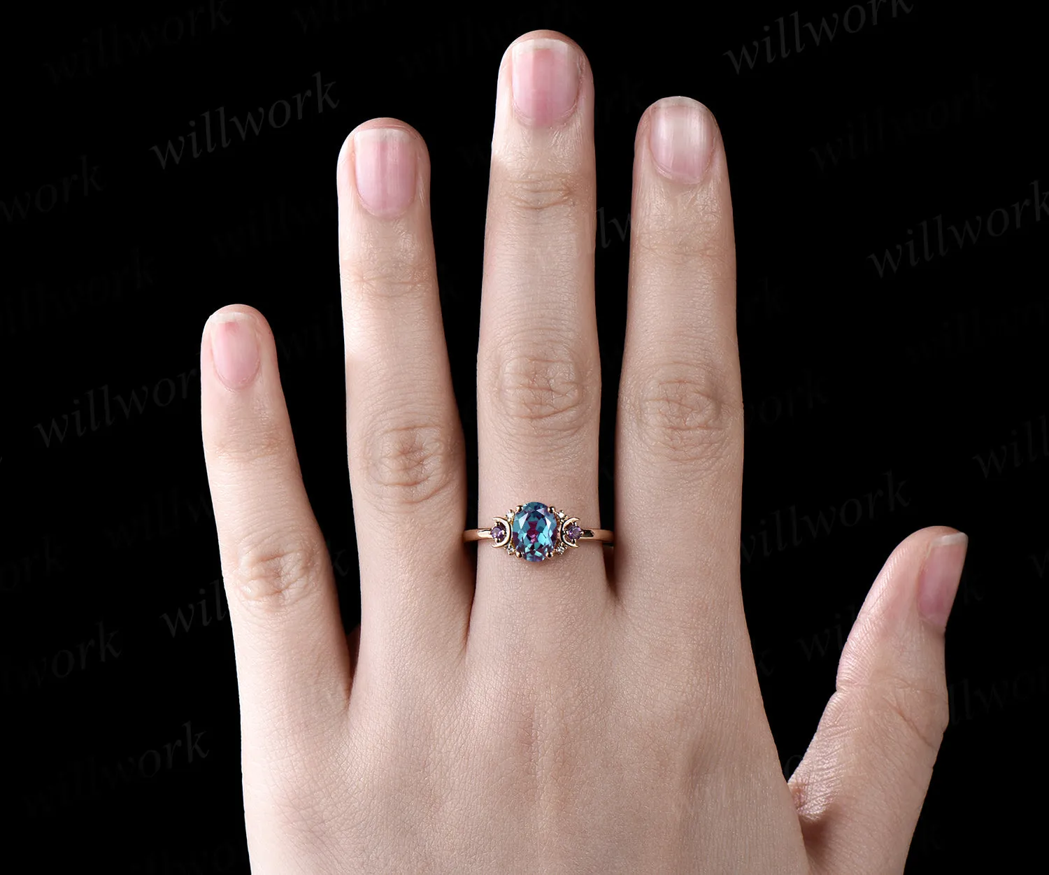 Vintage oval cut Alexandrite engagement ring unique deco moon ring crescent amethysts nature inspired promise ring anniversary gifts for women sold by Willwork Jewelry product image thumbnail 2