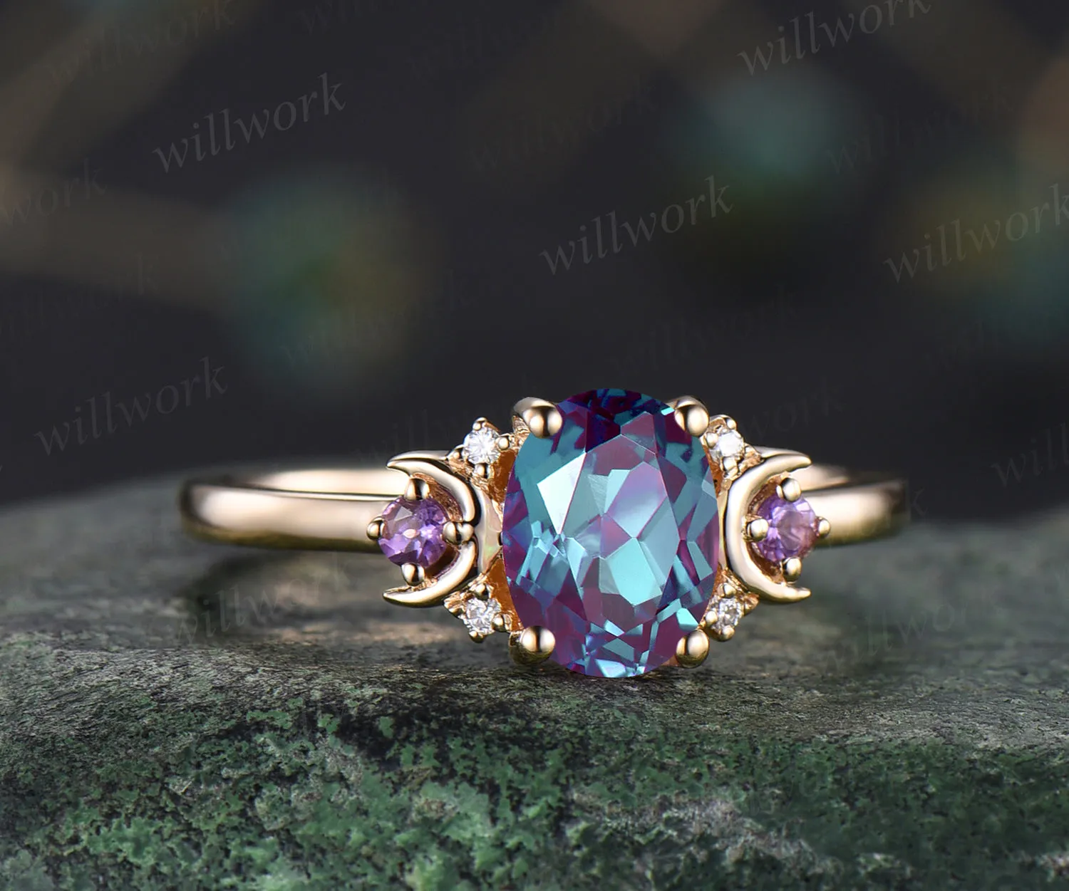 Vintage oval cut Alexandrite engagement ring unique deco moon ring crescent amethysts nature inspired promise ring anniversary gifts for women sold by Willwork Jewelry product image thumbnail 3