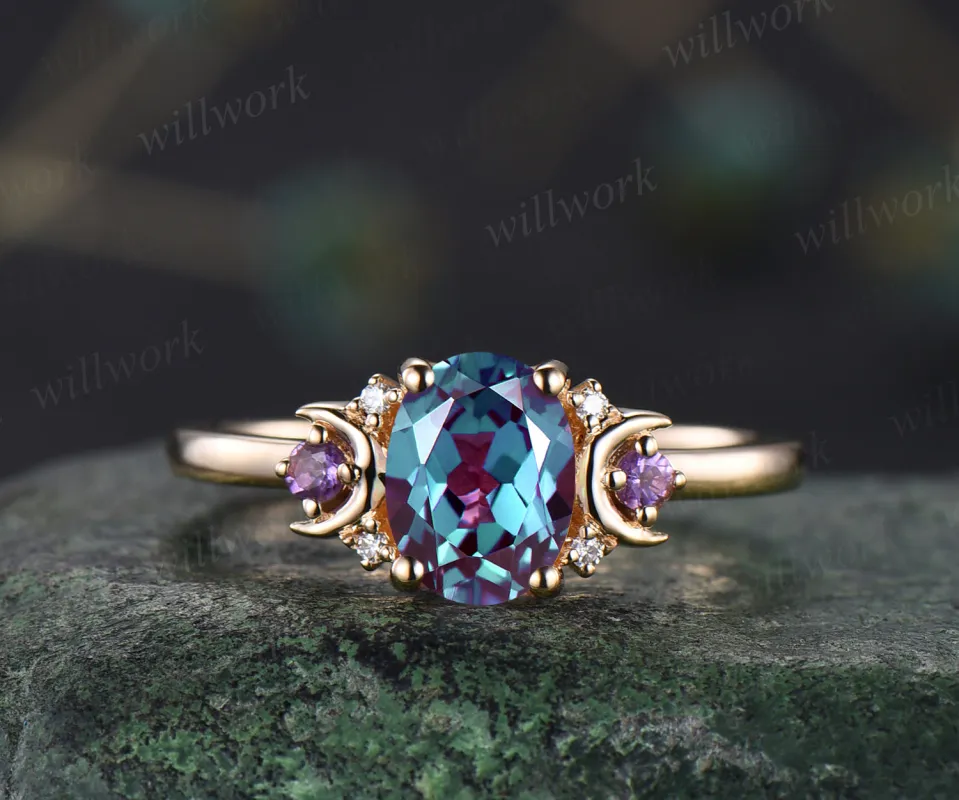 Vintage oval cut Alexandrite engagement ring unique deco moon ring crescent amethysts nature inspired promise ring anniversary gifts for women sold by Willwork Jewelry