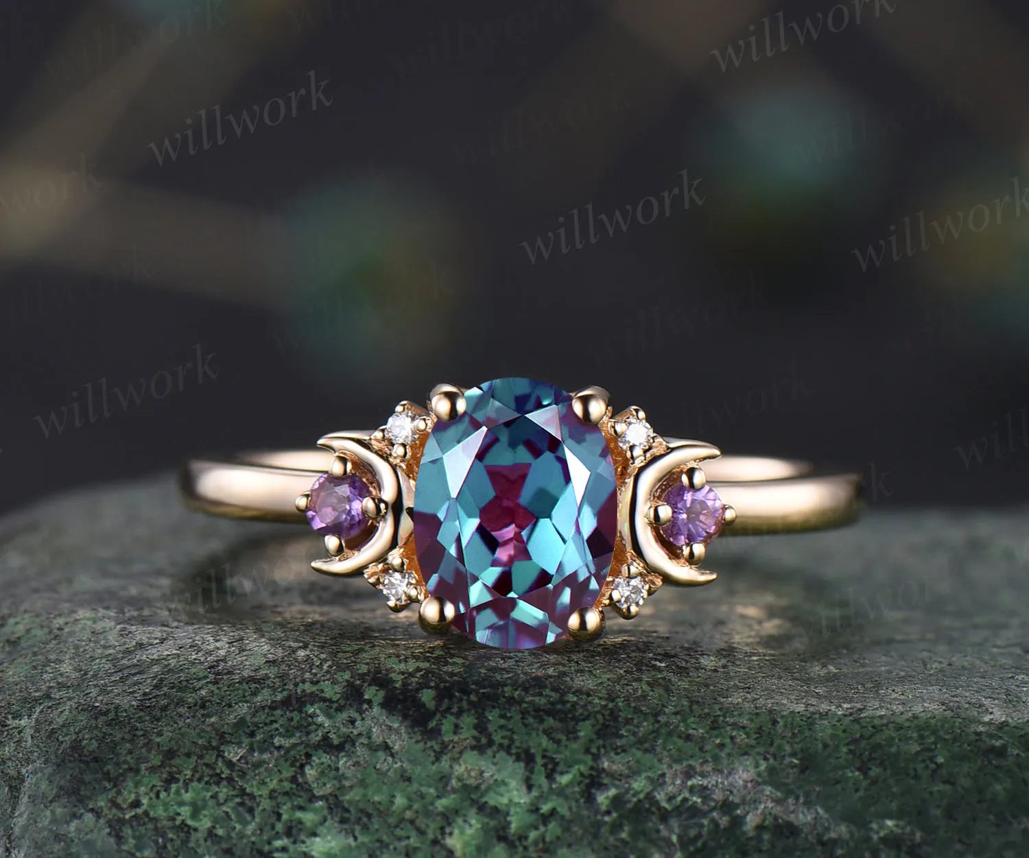 Vintage oval cut Alexandrite engagement ring unique deco moon ring crescent amethysts nature inspired promise ring anniversary gifts for women sold by Willwork Jewelry