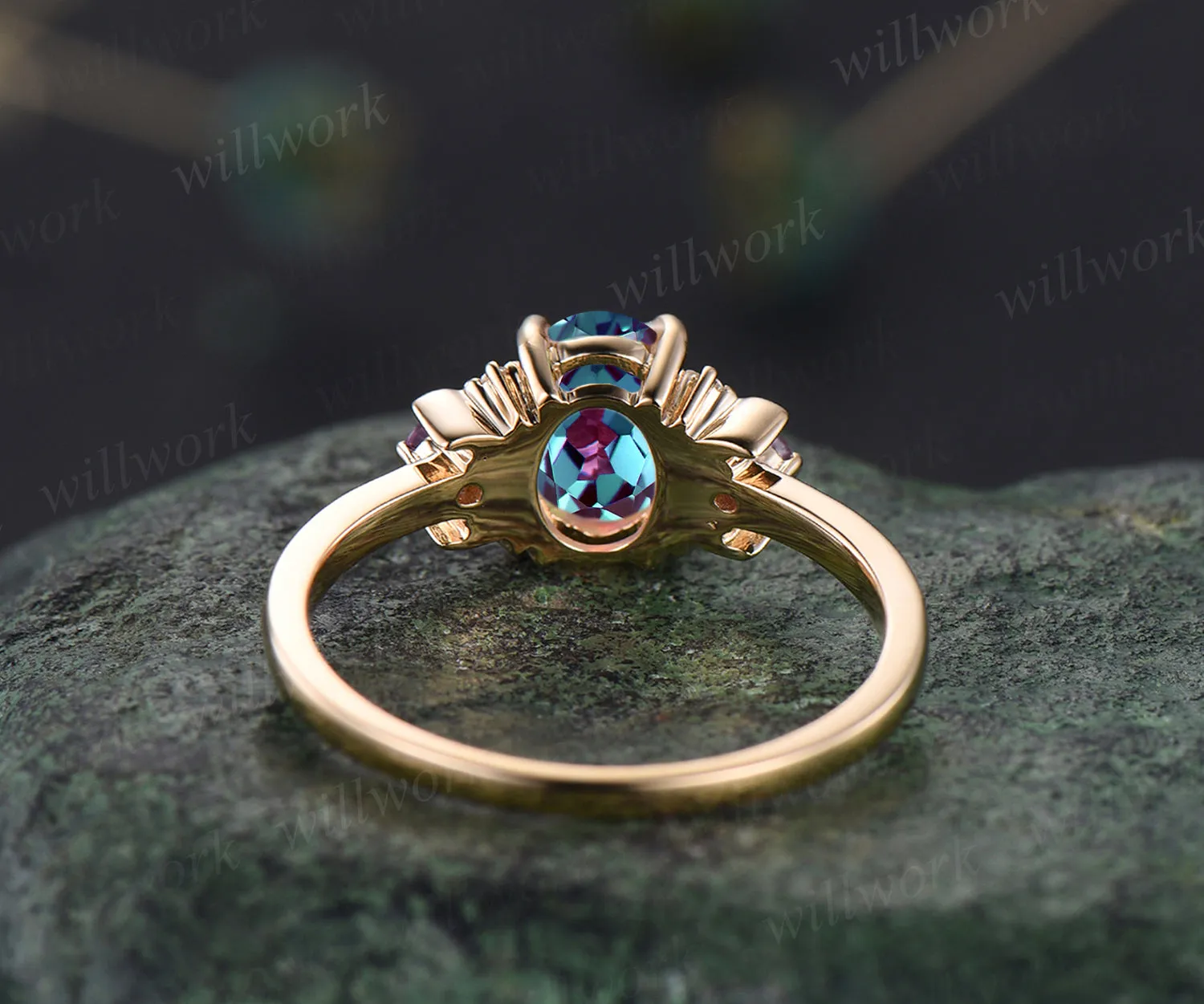 Vintage oval cut Alexandrite engagement ring unique deco moon ring crescent amethysts nature inspired promise ring anniversary gifts for women sold by Willwork Jewelry product image thumbnail 5