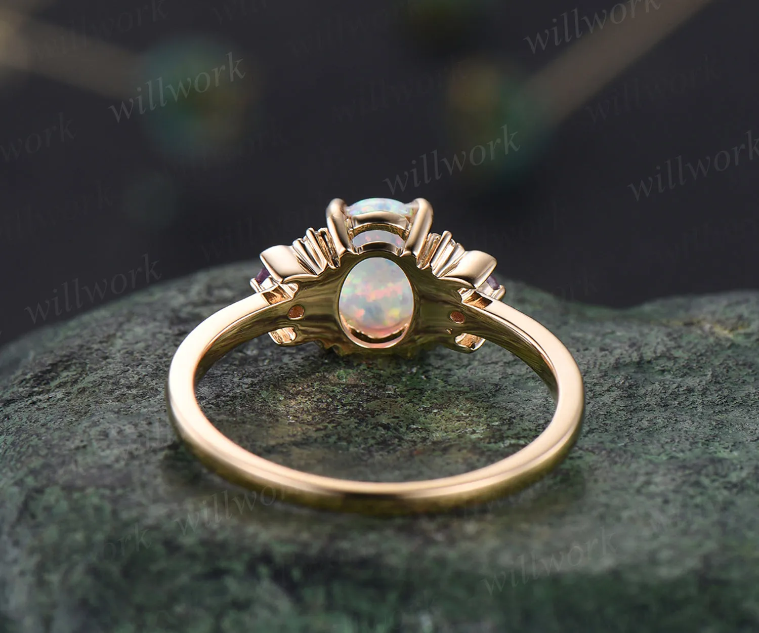 Oval white opal engagement ring retro moon amethyst moissanite deco ring 14k yellow gold unique crescent promise ring October birthstone jewelry gifts sold by Willwork Jewelry product image thumbnail 5