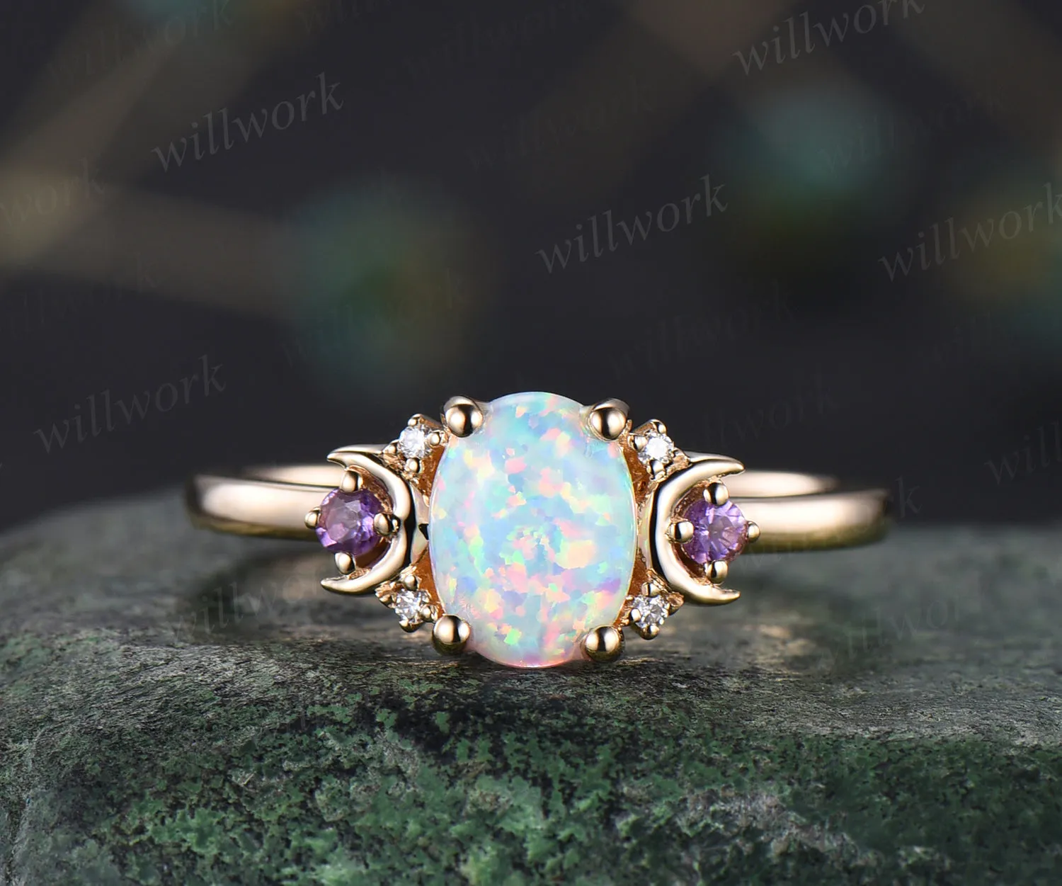 Oval white opal engagement ring retro moon amethyst moissanite deco ring 14k yellow gold unique crescent promise ring October birthstone jewelry gifts sold by Willwork Jewelry
