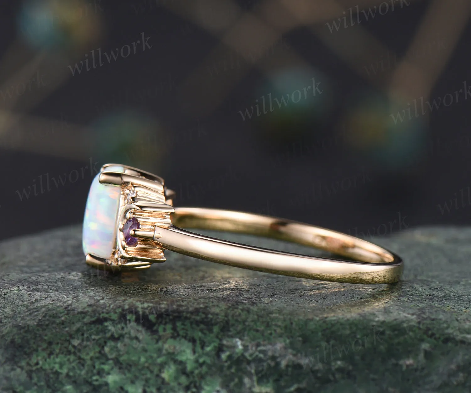 Oval white opal engagement ring retro moon amethyst moissanite deco ring 14k yellow gold unique crescent promise ring October birthstone jewelry gifts sold by Willwork Jewelry product image thumbnail 4