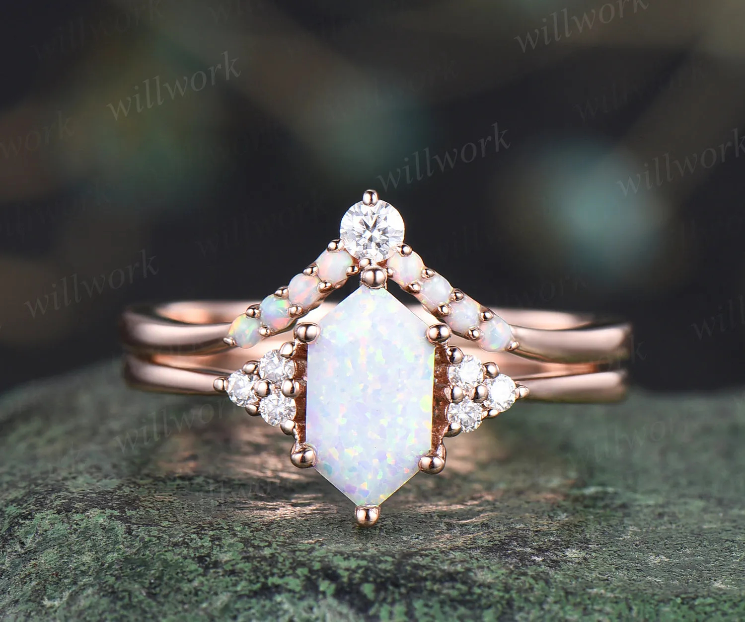 Elongated hexagon shape opal ring set unique white opal engagement ring art deco curved wedding band October birthstone jewelry bridal ring set sold by Willwork Jewelry