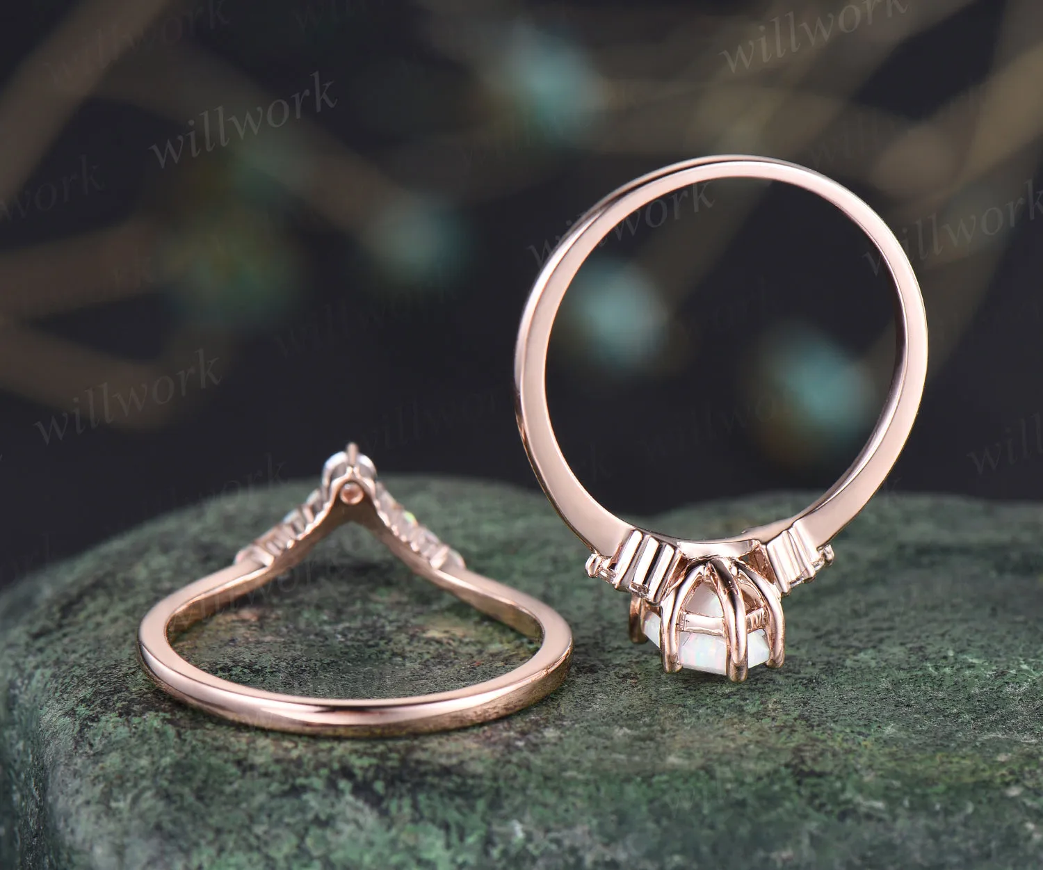 Elongated hexagon shape opal ring set unique white opal engagement ring art deco curved wedding band October birthstone jewelry bridal ring set sold by Willwork Jewelry product image thumbnail 5