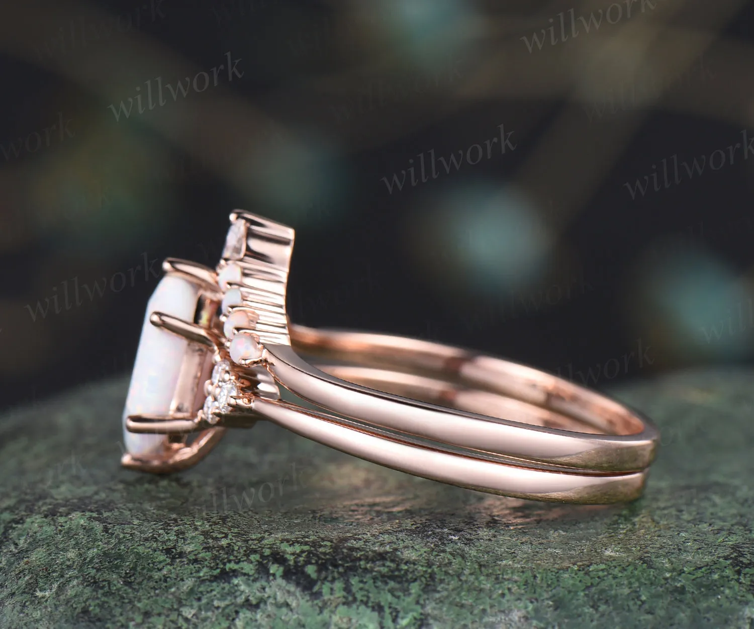 Elongated hexagon shape opal ring set unique white opal engagement ring art deco curved wedding band October birthstone jewelry bridal ring set sold by Willwork Jewelry product image thumbnail 4