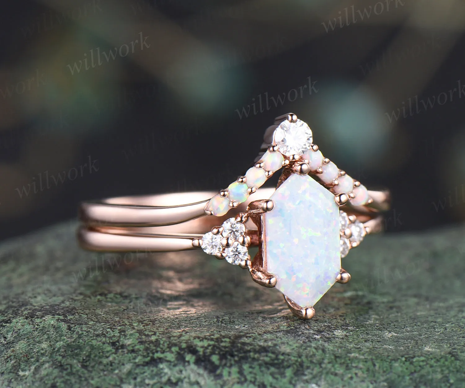 Elongated hexagon shape opal ring set unique white opal engagement ring art deco curved wedding band October birthstone jewelry bridal ring set sold by Willwork Jewelry product image thumbnail 3