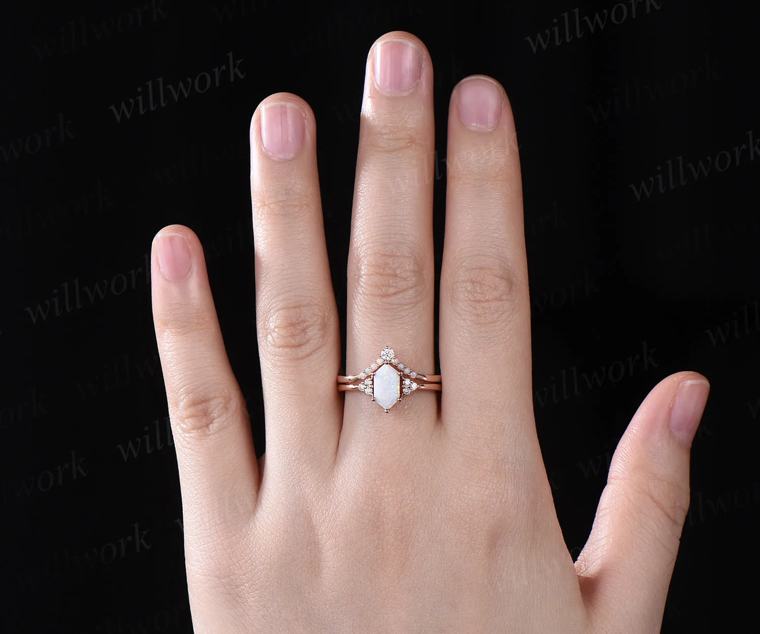 Elongated hexagon shape opal ring set unique white opal engagement ring art deco curved wedding band October birthstone jewelry bridal ring set sold by Willwork Jewelry product image thumbnail 2
