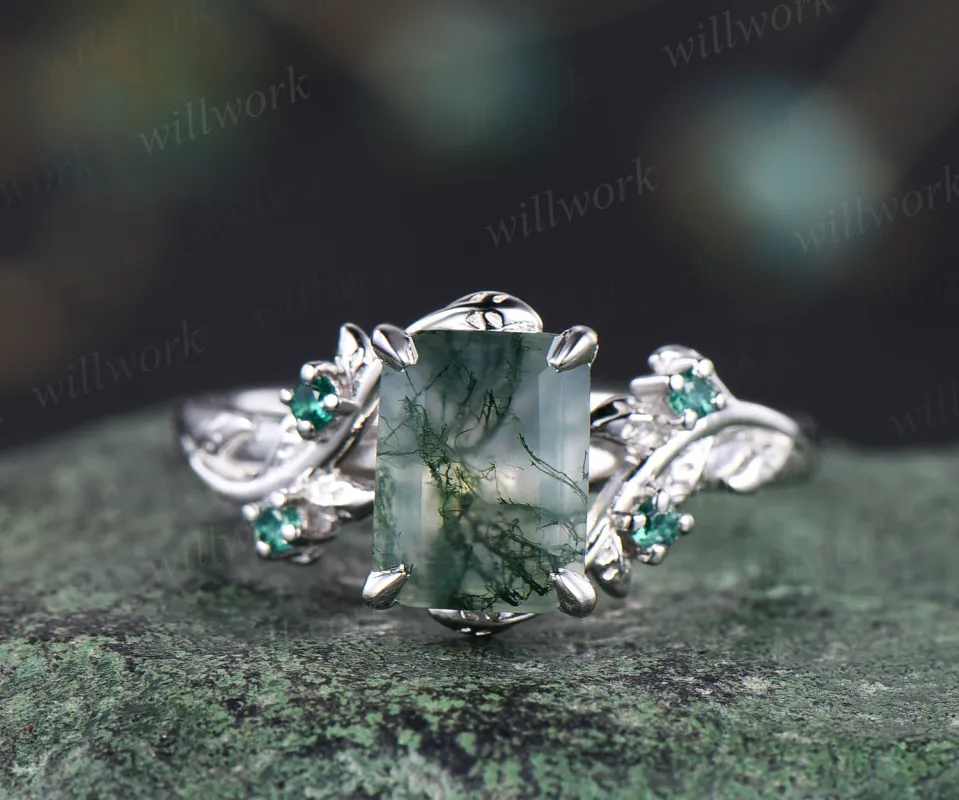 Green moss agate engagement ring unique emerald cut moss agate emerald wedding ring nature inspired leaf promise ring women gifts sold by Willwork Jewelry