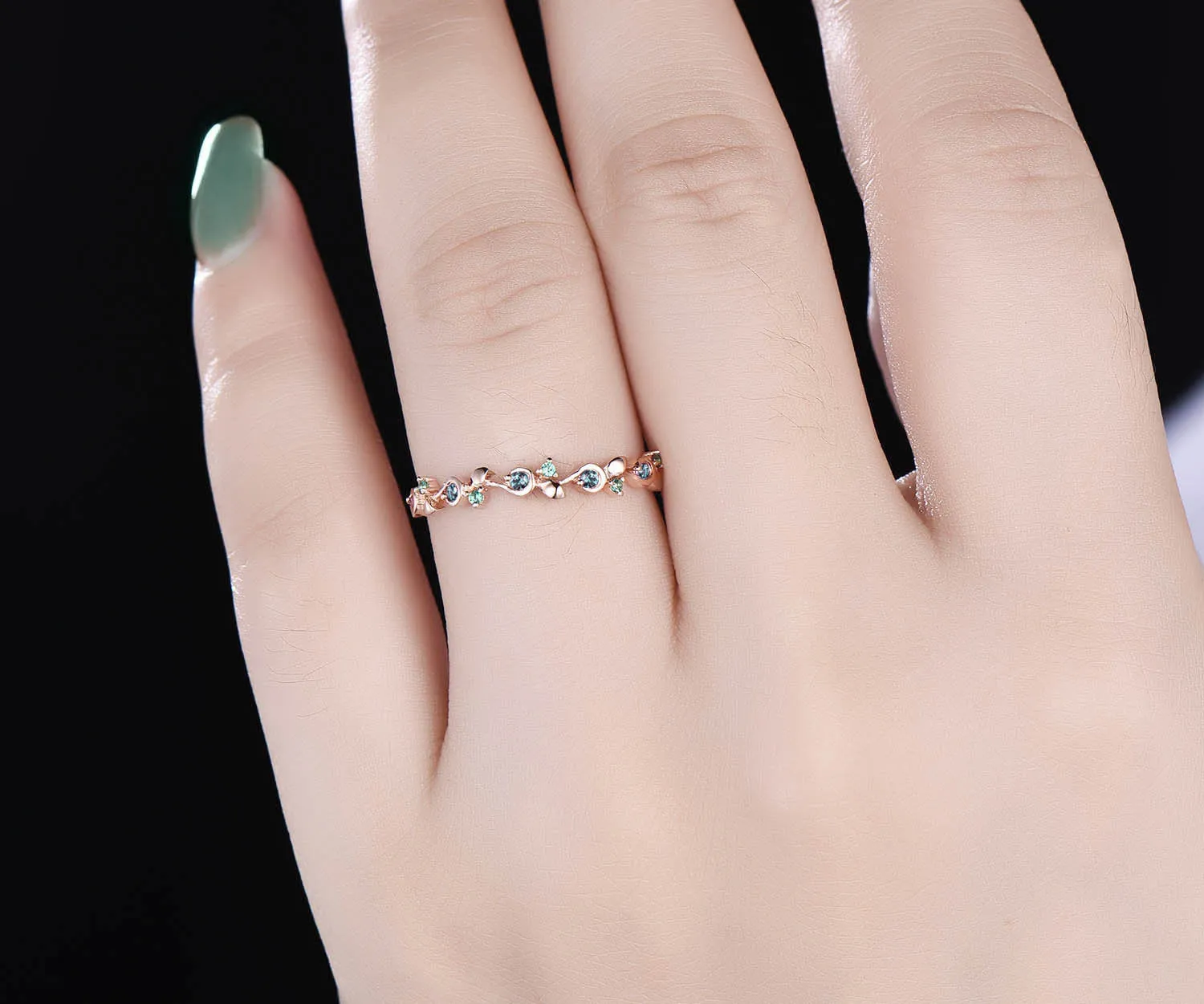 Unique emerald alexandrite wedding band leaf 14k rose gold stacking matching vintage dainty wedding ring band women anniversary ring gift sold by Willwork Jewelry product image thumbnail 2
