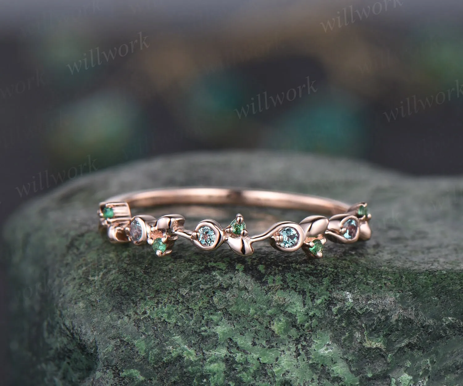 Unique emerald alexandrite wedding band leaf 14k rose gold stacking matching vintage dainty wedding ring band women anniversary ring gift sold by Willwork Jewelry product image thumbnail 4