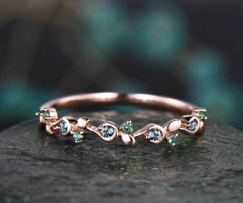 Unique emerald alexandrite wedding band leaf 14k rose gold stacking matching vintage dainty wedding ring band women anniversary ring gift sold by Willwork Jewelry