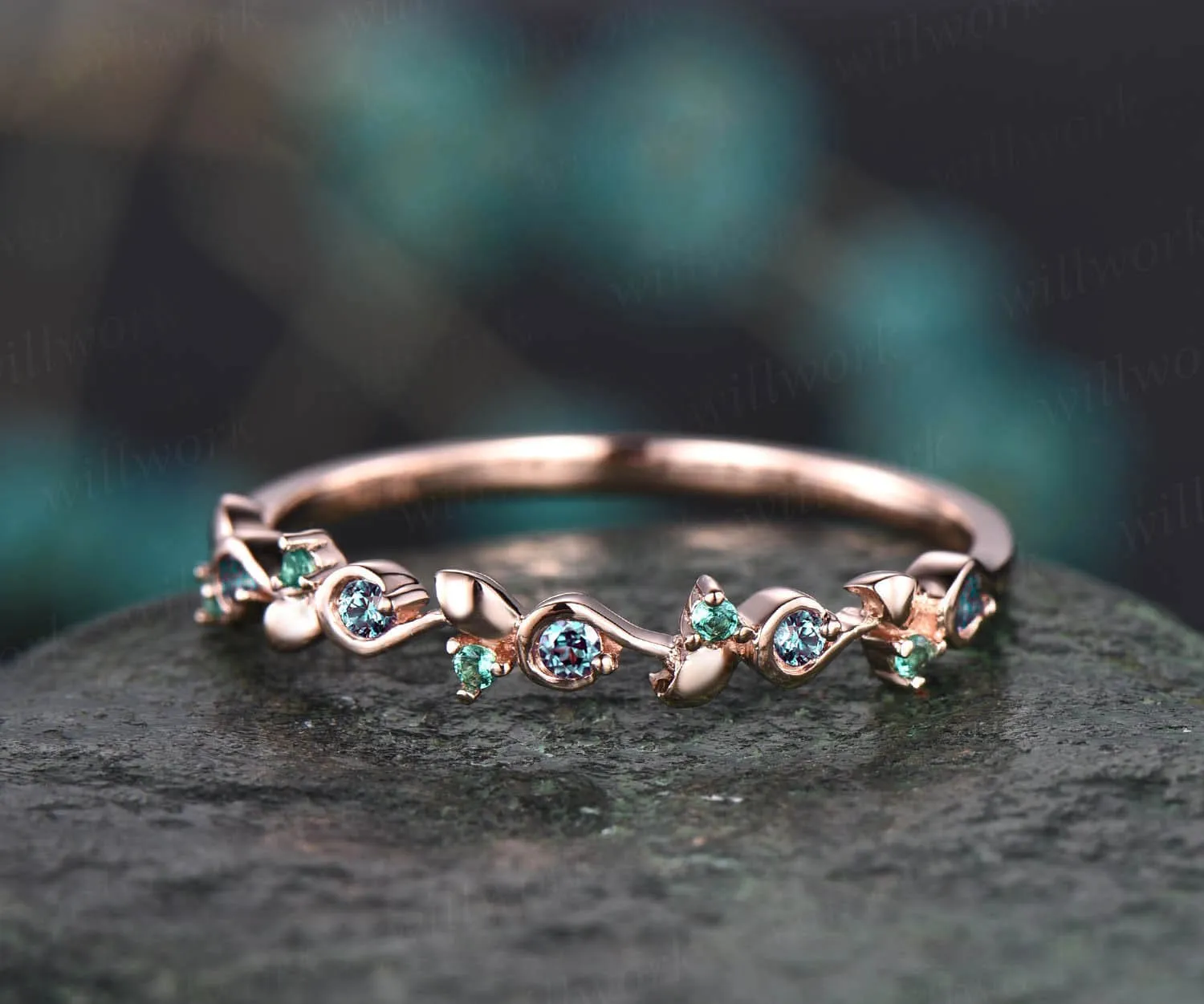 Unique emerald alexandrite wedding band leaf 14k rose gold stacking matching vintage dainty wedding ring band women anniversary ring gift sold by Willwork Jewelry product image thumbnail 3