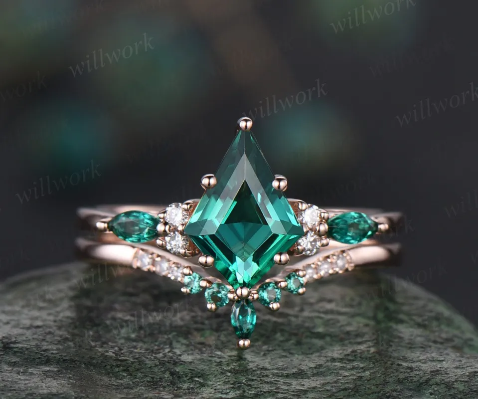 8x11mm kite cut green emerald ring solid 14k rose gold emerald engagement ring vintage diamond ring women promise wedding bridal ring set sold by Willwork Jewelry