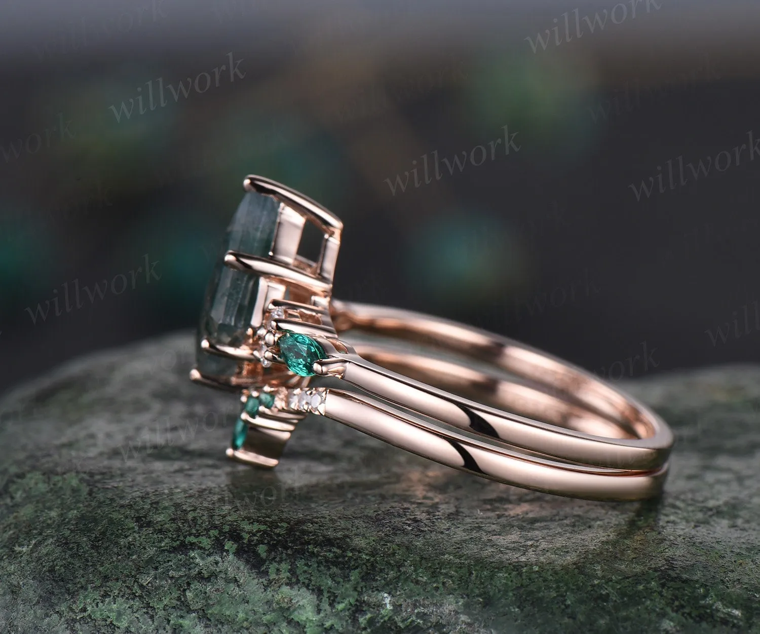 8x11mm kite green moss agate engagement ring 6 prong rose gold diamond ring marquise emerald ring vintage stacking anniversary ring set sold by Willwork Jewelry product image thumbnail 4