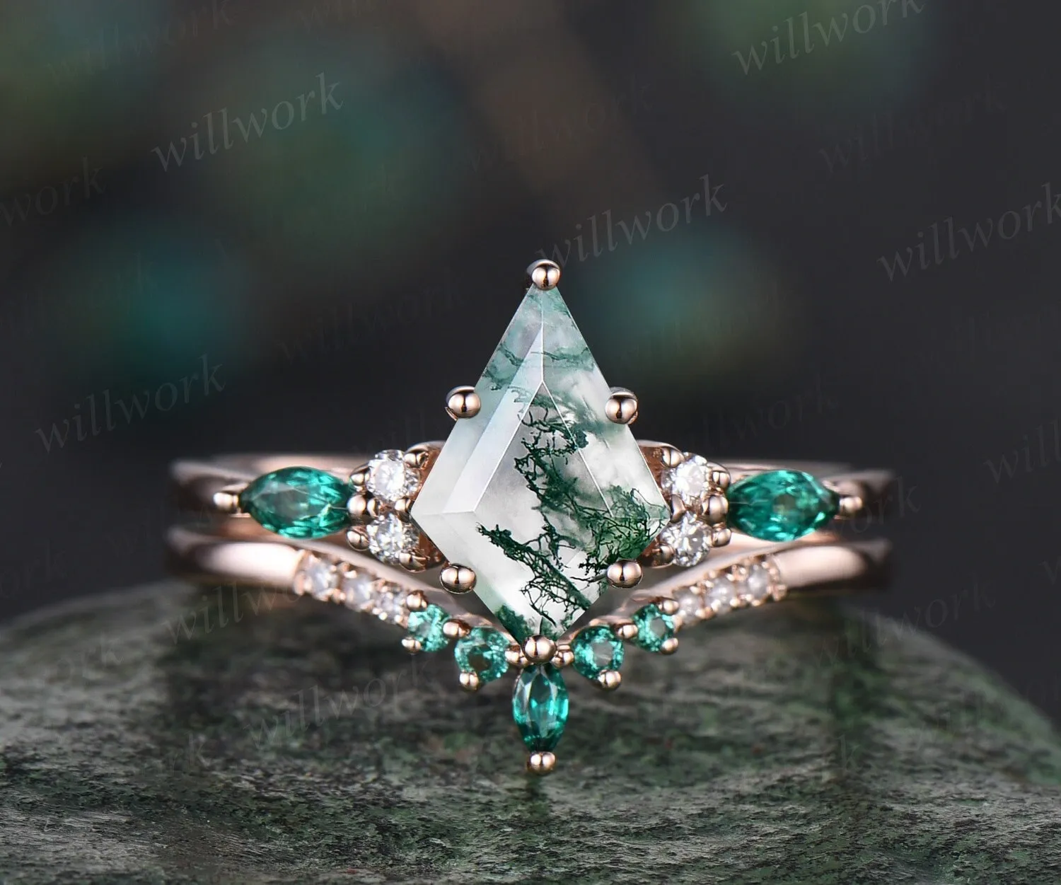 8x11mm kite green moss agate engagement ring 6 prong rose gold diamond ring marquise emerald ring vintage stacking anniversary ring set sold by Willwork Jewelry